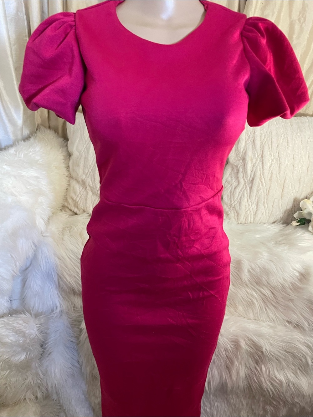 An Elegant Statement in Fuchsia Midi Dress with Statement Puff Sleeves by Zesica